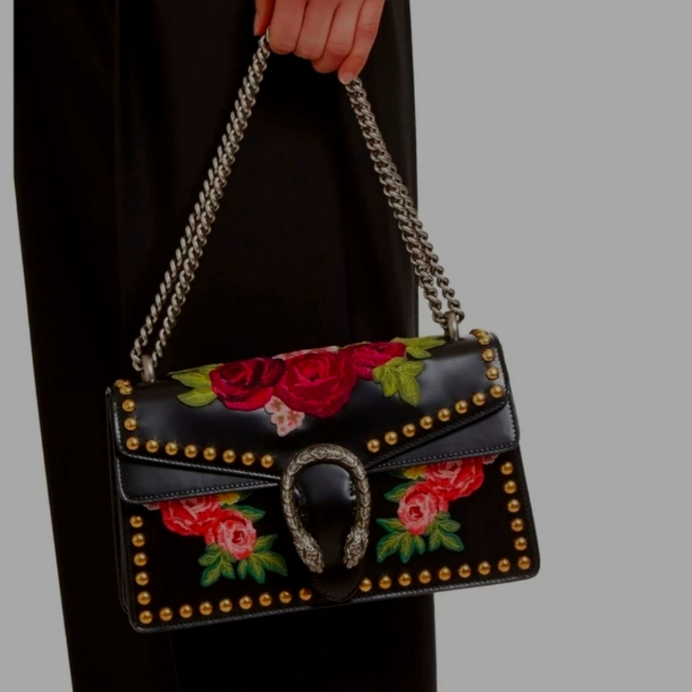 Floral Gold Studded Faux Leather Chain Strap Black